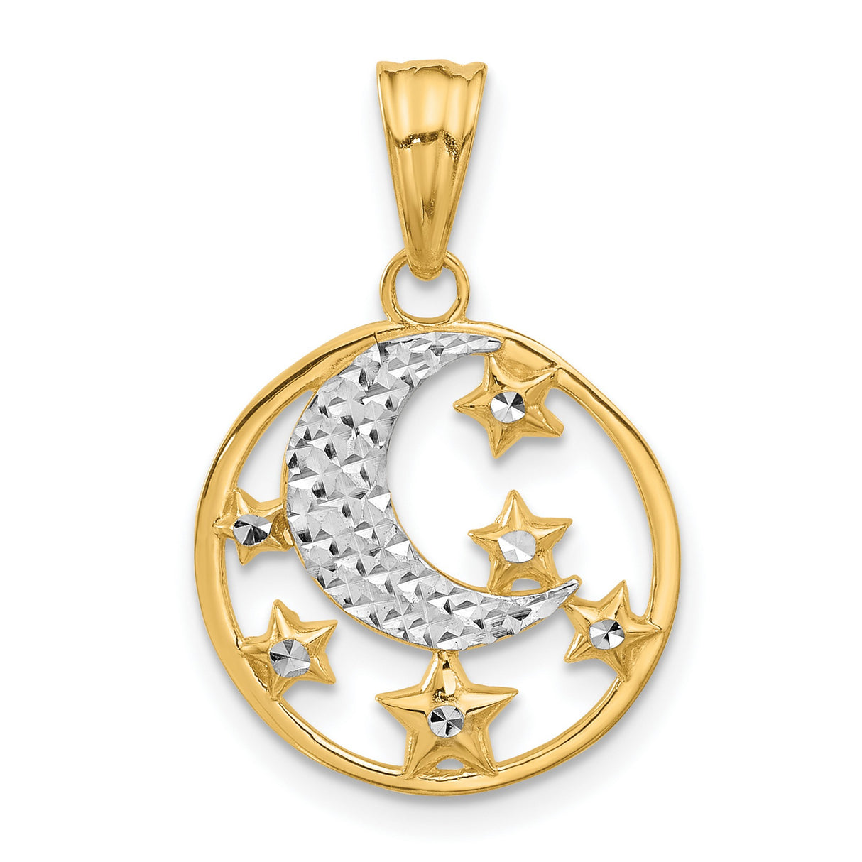 14k Multi-Tone Gold Moon and Stars Pendant with Textured Crescent and Diamond-Cut Stars