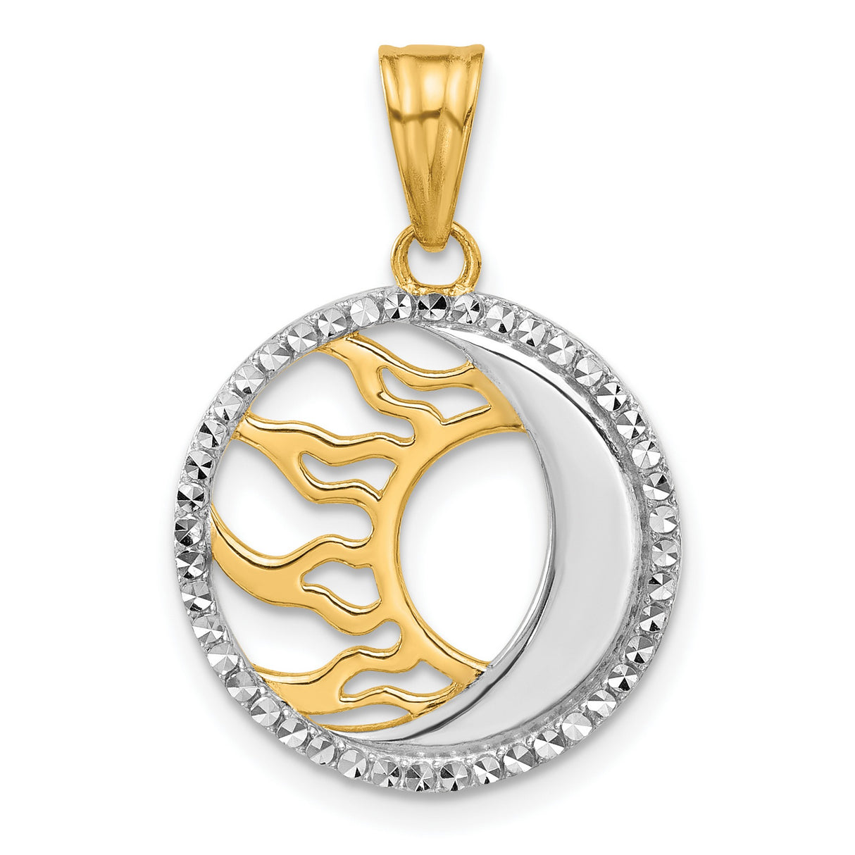 14k Multi-Tone Gold Sun Moon Pendant with Diamond Cut Intertwined Celestial Design