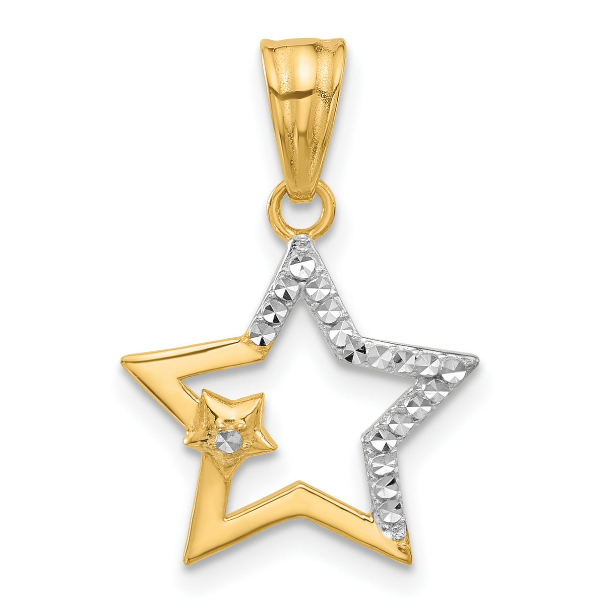 14k Multi-Tone Gold Open Star Pendant with Rhodium Accent, Diamond-Cut Celestial Design
