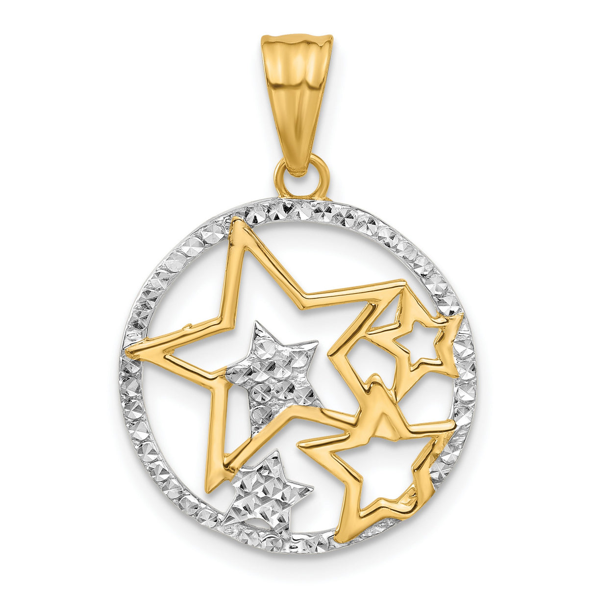 14k Multi-Tone Gold Star Pendant with Openwork Circle and Textured Celestial Design