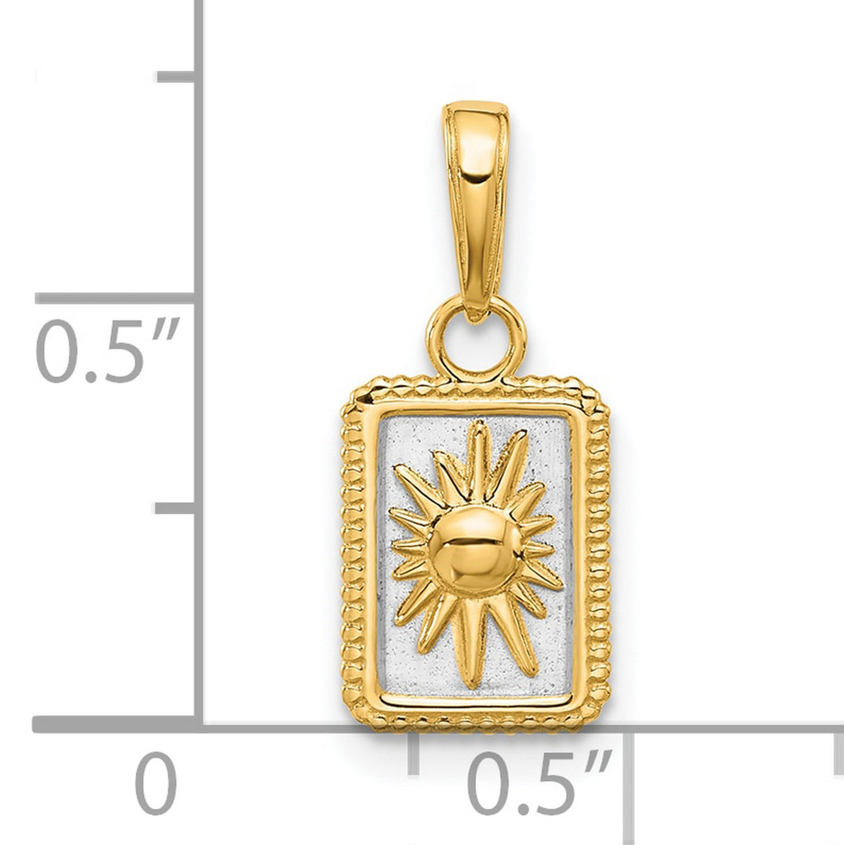 14k Yellow Gold and Rhodium Pendant with Sunburst Design, Rectangular Mixed Metal Charm
