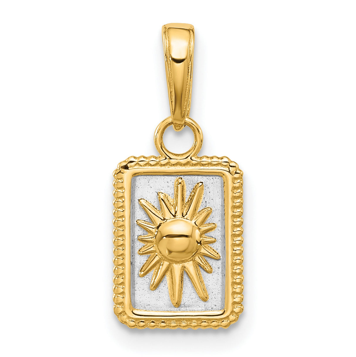 14k Yellow Gold and Rhodium Pendant with Sunburst Design, Rectangular Mixed Metal Charm