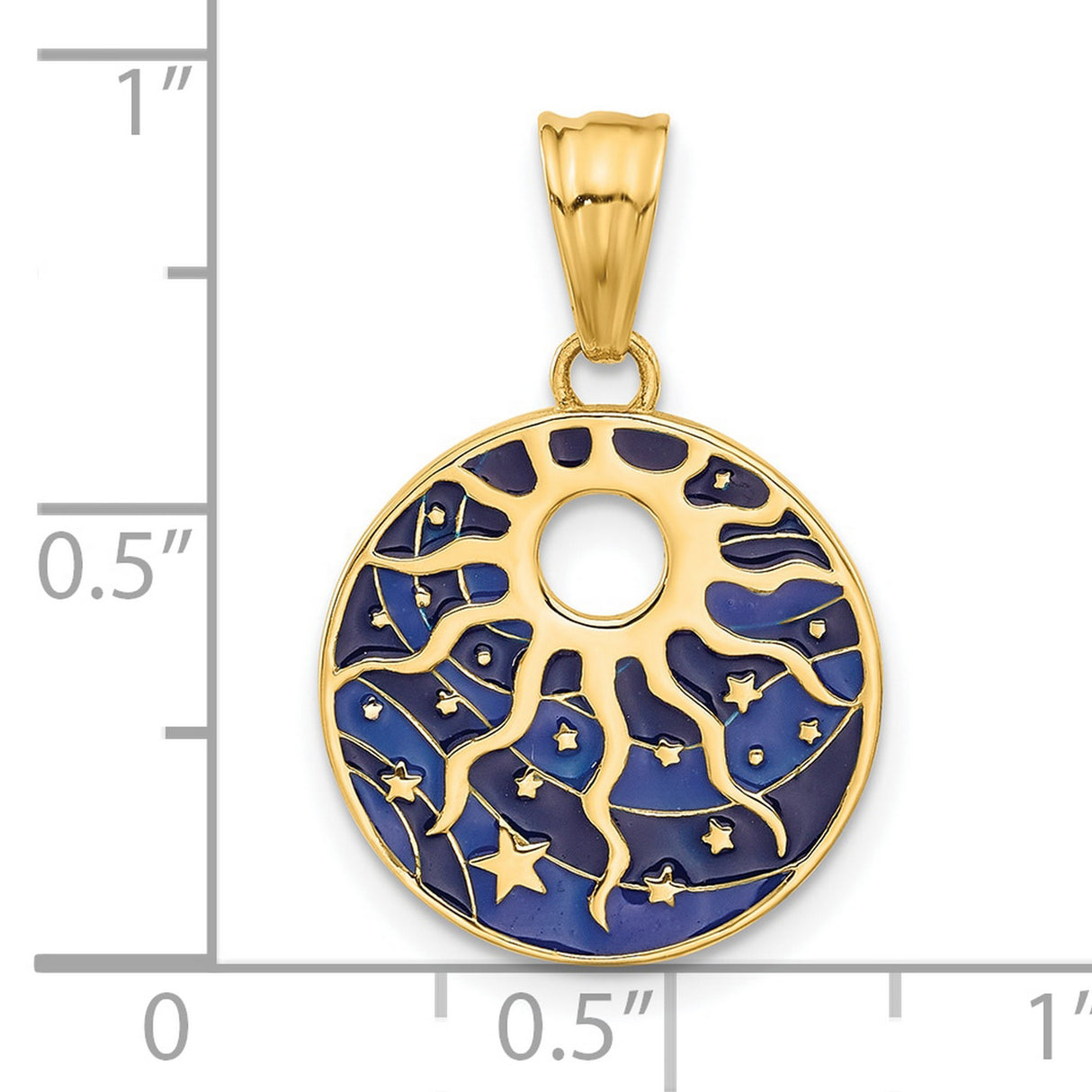 14k Yellow Gold Round Pendant with Sunburst and Night Sky Design, Celestial and Spiritual Theme