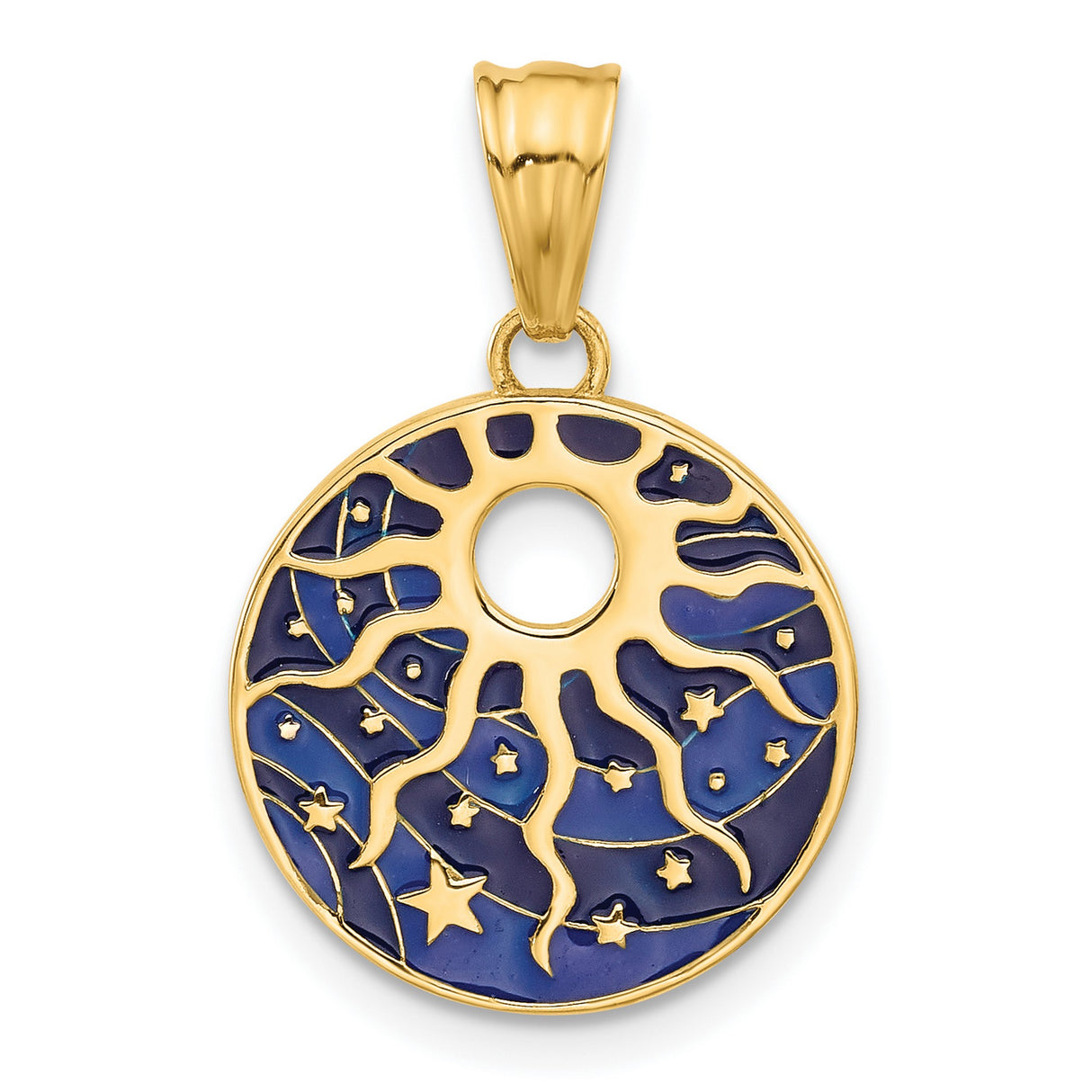 14k Yellow Gold Round Pendant with Sunburst and Night Sky Design, Celestial and Spiritual Theme