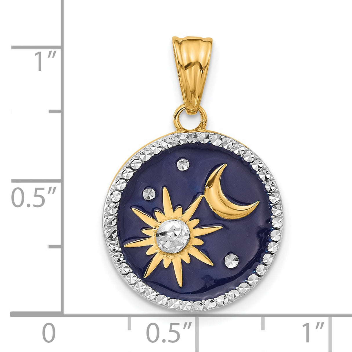 14k Yellow Gold Two-Tone Celestial Pendant with Sun, Moon and Stars, Blue Enamel Medallion
