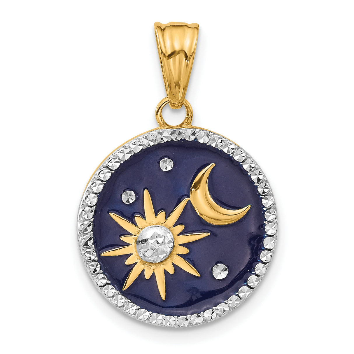 14k Yellow Gold Two-Tone Celestial Pendant with Sun, Moon and Stars, Blue Enamel Medallion