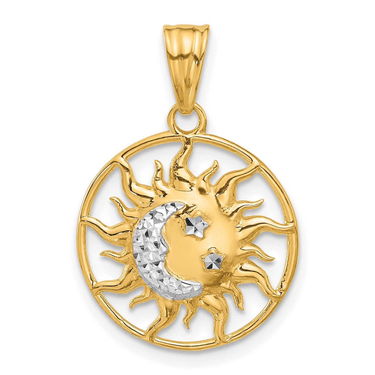 14k Two-Tone Gold Sun and Moon Pendant with Diamond-Cut Celestial Design