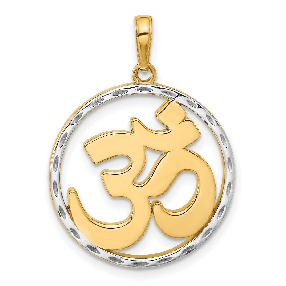 14k Multi-Tone Gold Om Pendant with Textured Rhodium Design, Hindu Symbol for Yoga and Meditation