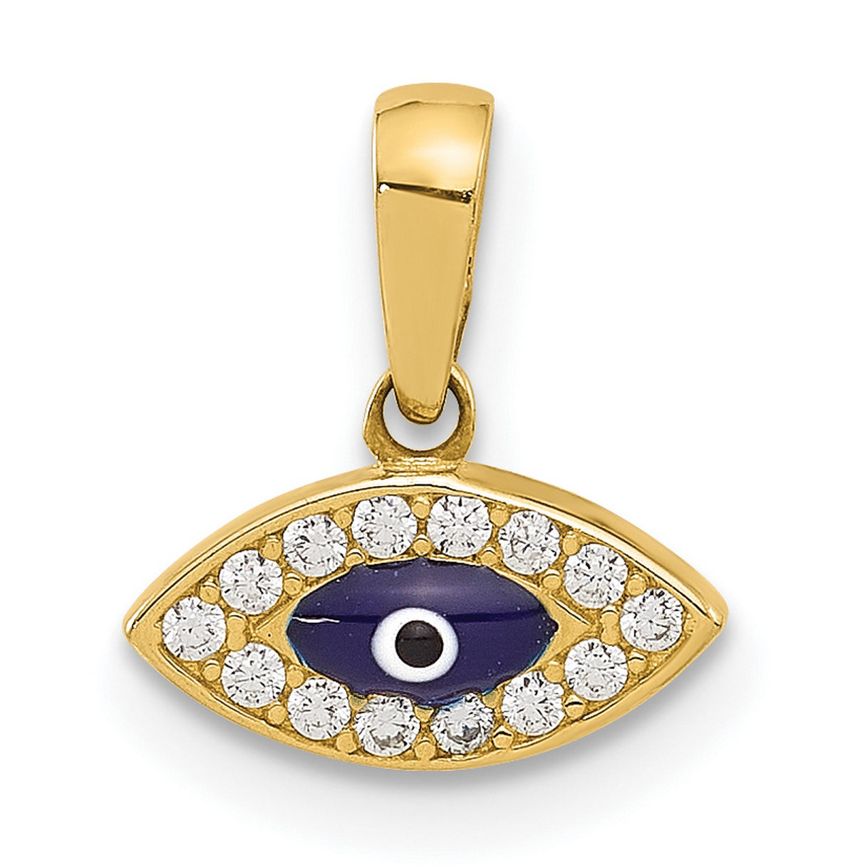 14k Yellow Gold Evil Eye Pendant with Blue Enamel Center and Cubic Zirconia