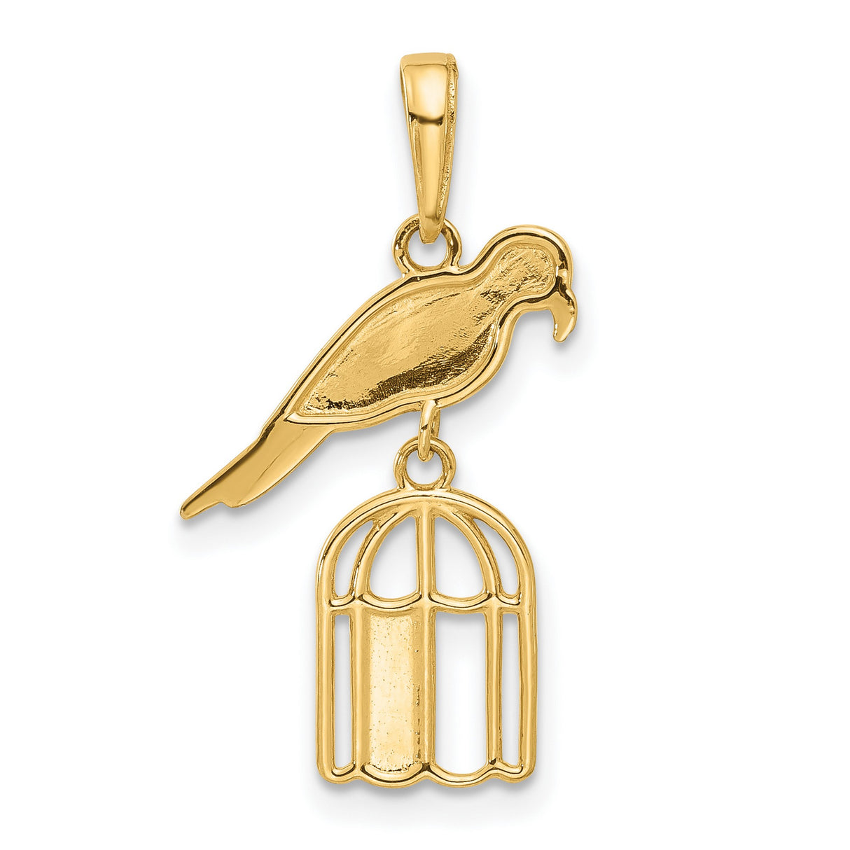 14k Two-Tone Gold Parrot in Cage Pendant, Polished Bird on Textured Cage Charm