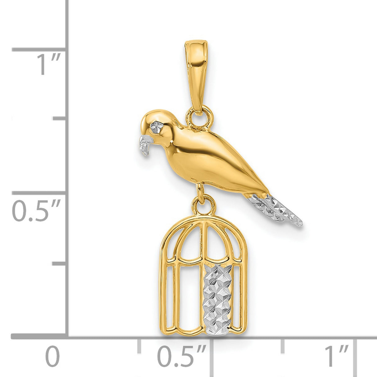 14k Two-Tone Gold Parrot in Cage Pendant, Polished Bird on Textured Cage Charm