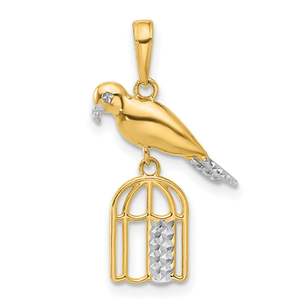 14k Two-Tone Gold Parrot in Cage Pendant, Polished Bird on Textured Cage Charm