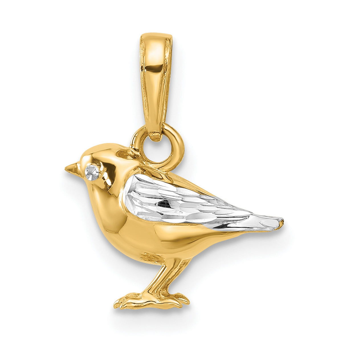 14k Multi-Tone Gold Bird Pendant with Rhodium Plated Wings, Polished and Textured Detailing