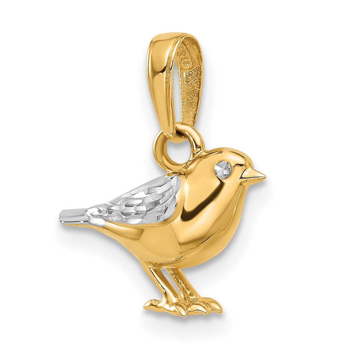 14k Multi-Tone Gold Bird Pendant with Rhodium Plated Wings, Polished and Textured Detailing