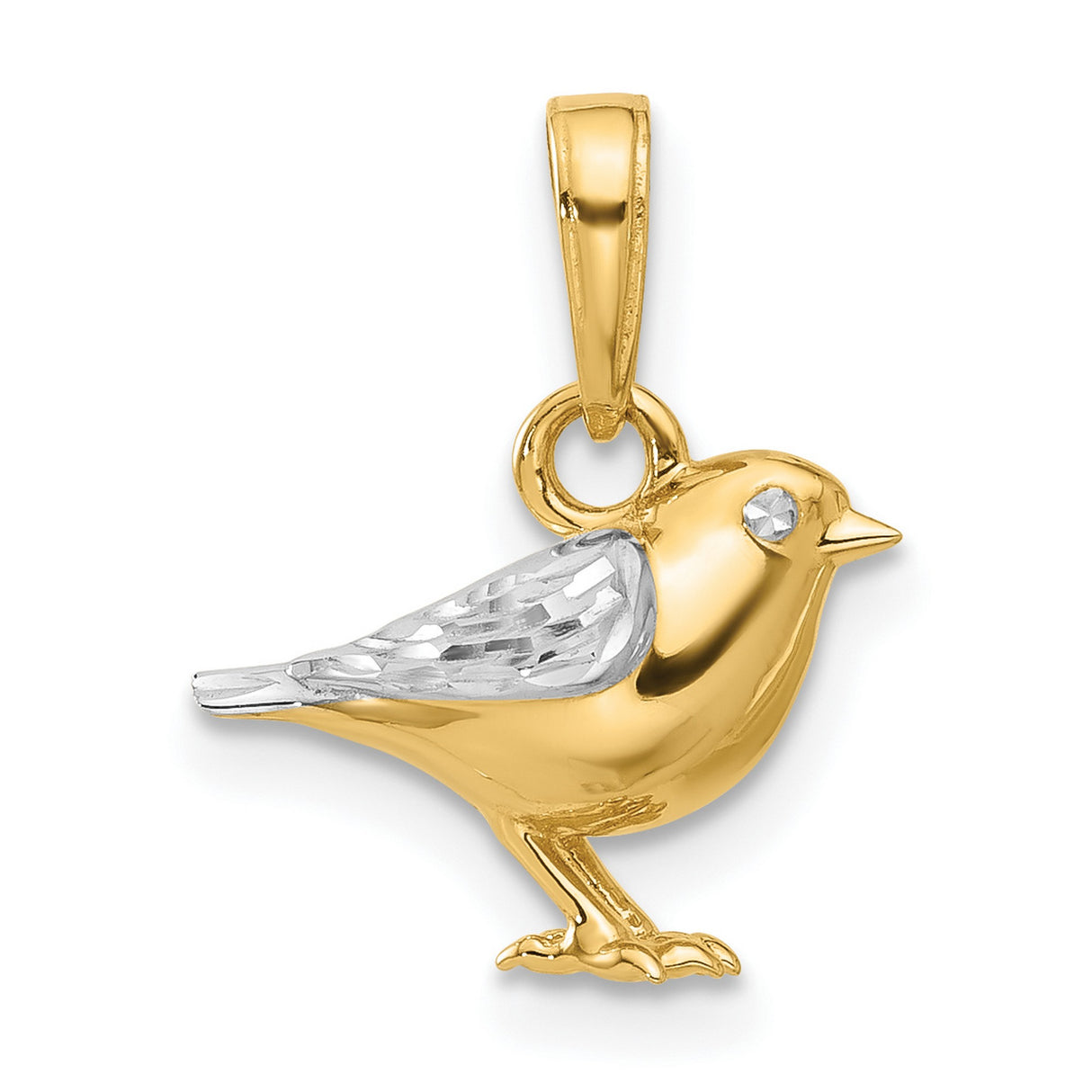 14k Multi-Tone Gold Bird Pendant with Rhodium Plated Wings, Polished and Textured Detailing