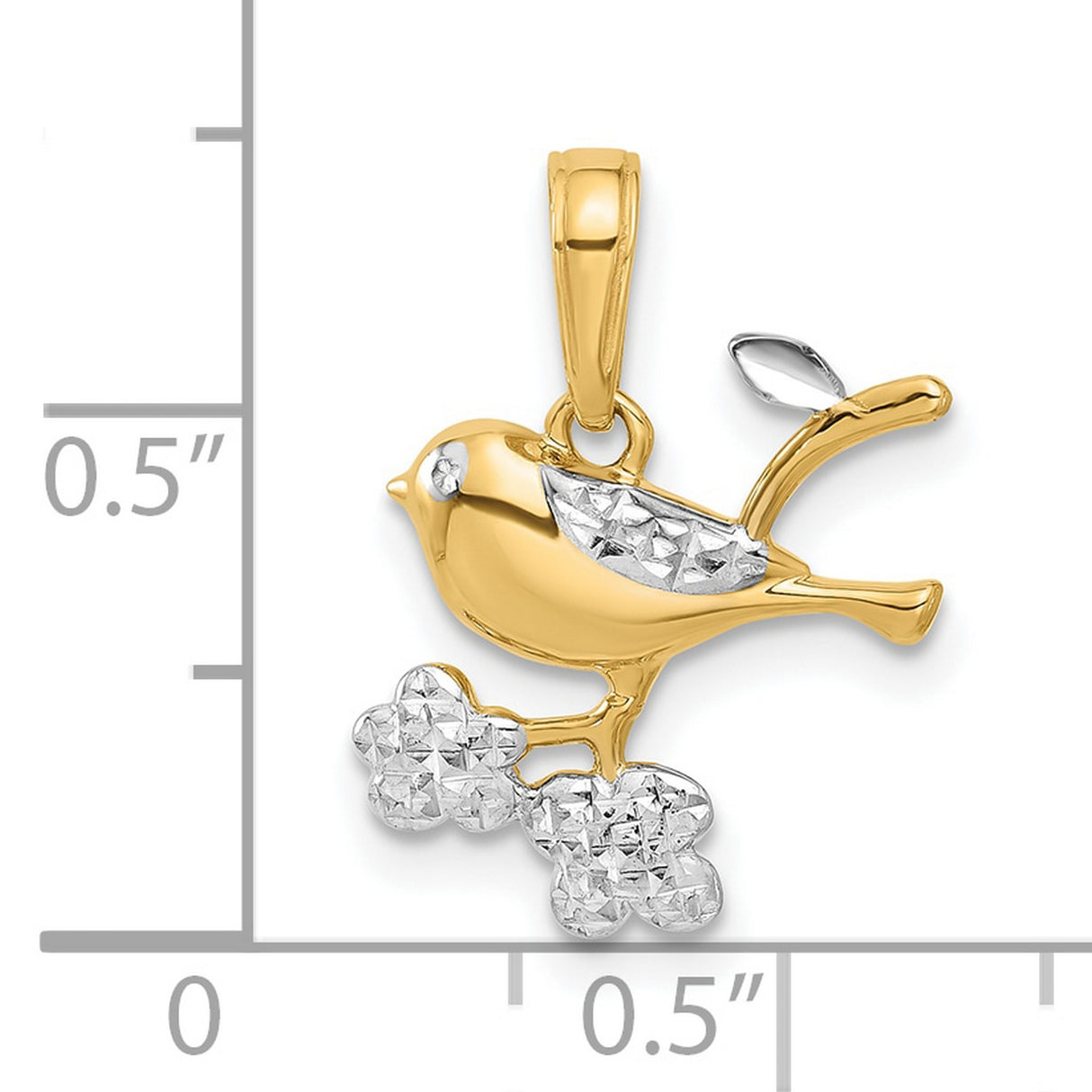 14k Multi-Tone Gold Bird Pendant with Textured Bird and Sparkling Flowers, Nature-Inspired Charm