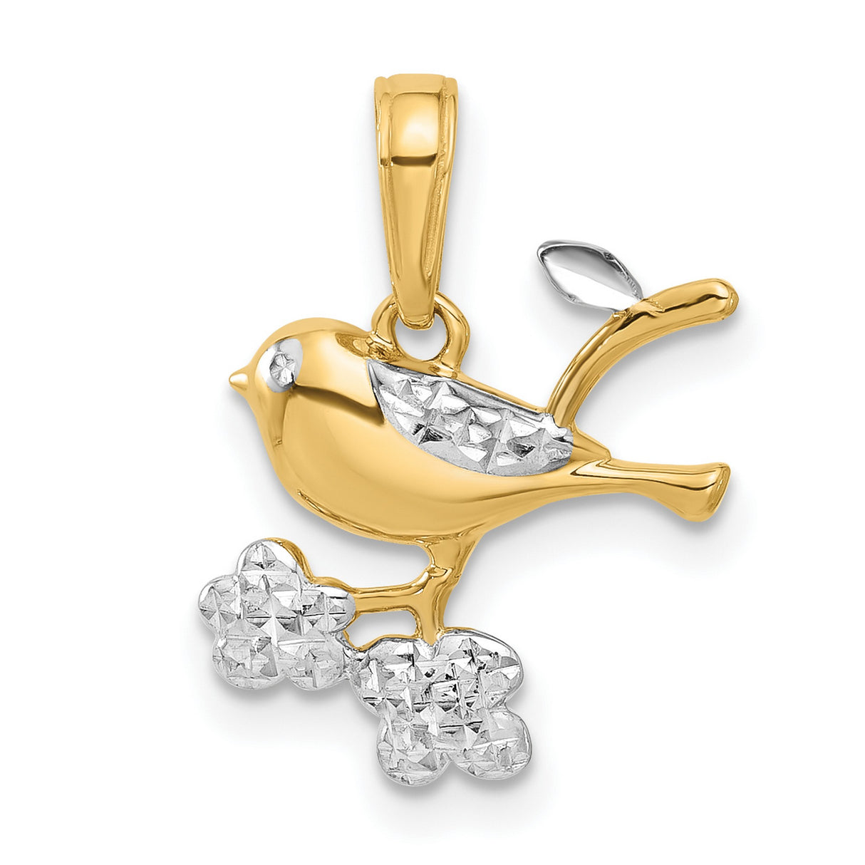 14k Multi-Tone Gold Bird Pendant with Textured Bird and Sparkling Flowers, Nature-Inspired Charm