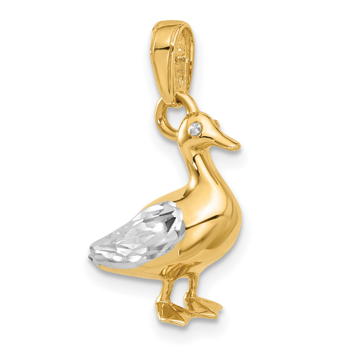 14k Two-Tone Gold Duck Pendant with Diamond-Cut Detailing, Animal Nature Jewelry Charm