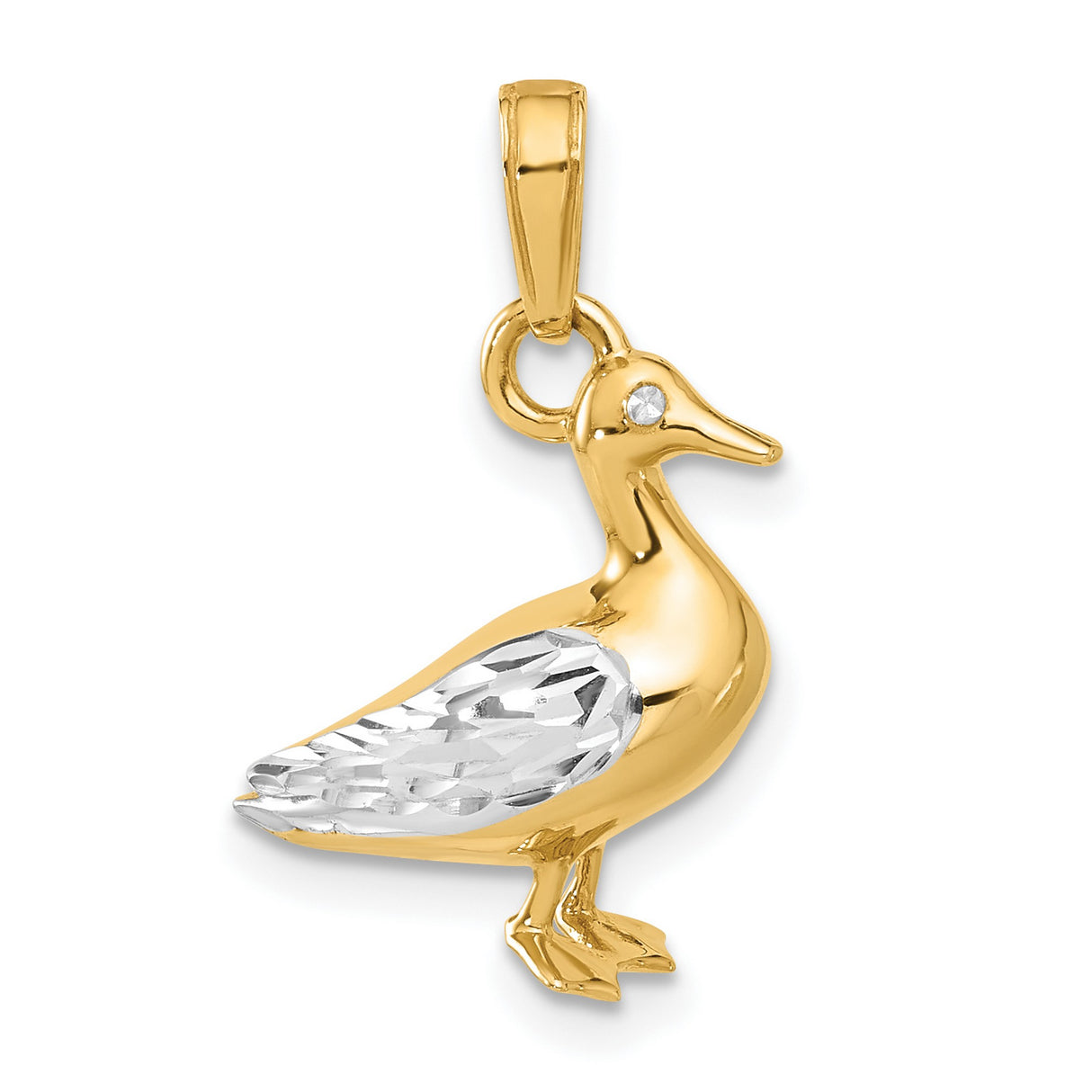 14k Two-Tone Gold Duck Pendant with Diamond-Cut Detailing, Animal Nature Jewelry Charm