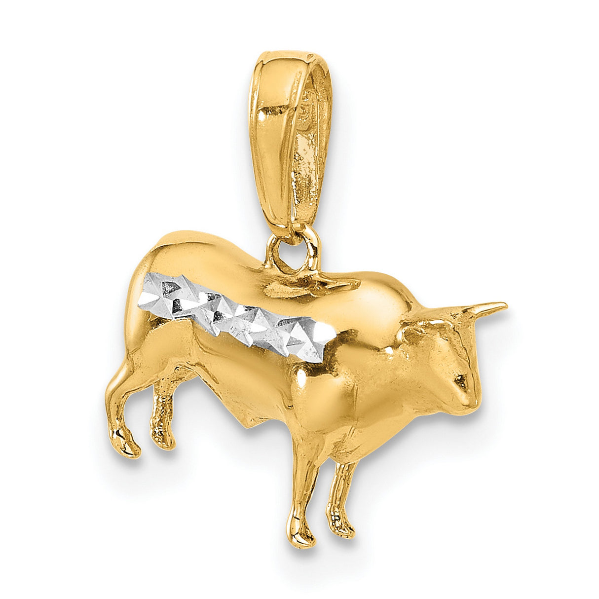 14k Multi-Tone Gold Bull Pendant with Diamond Cut Detailing, Taurus Zodiac Charm