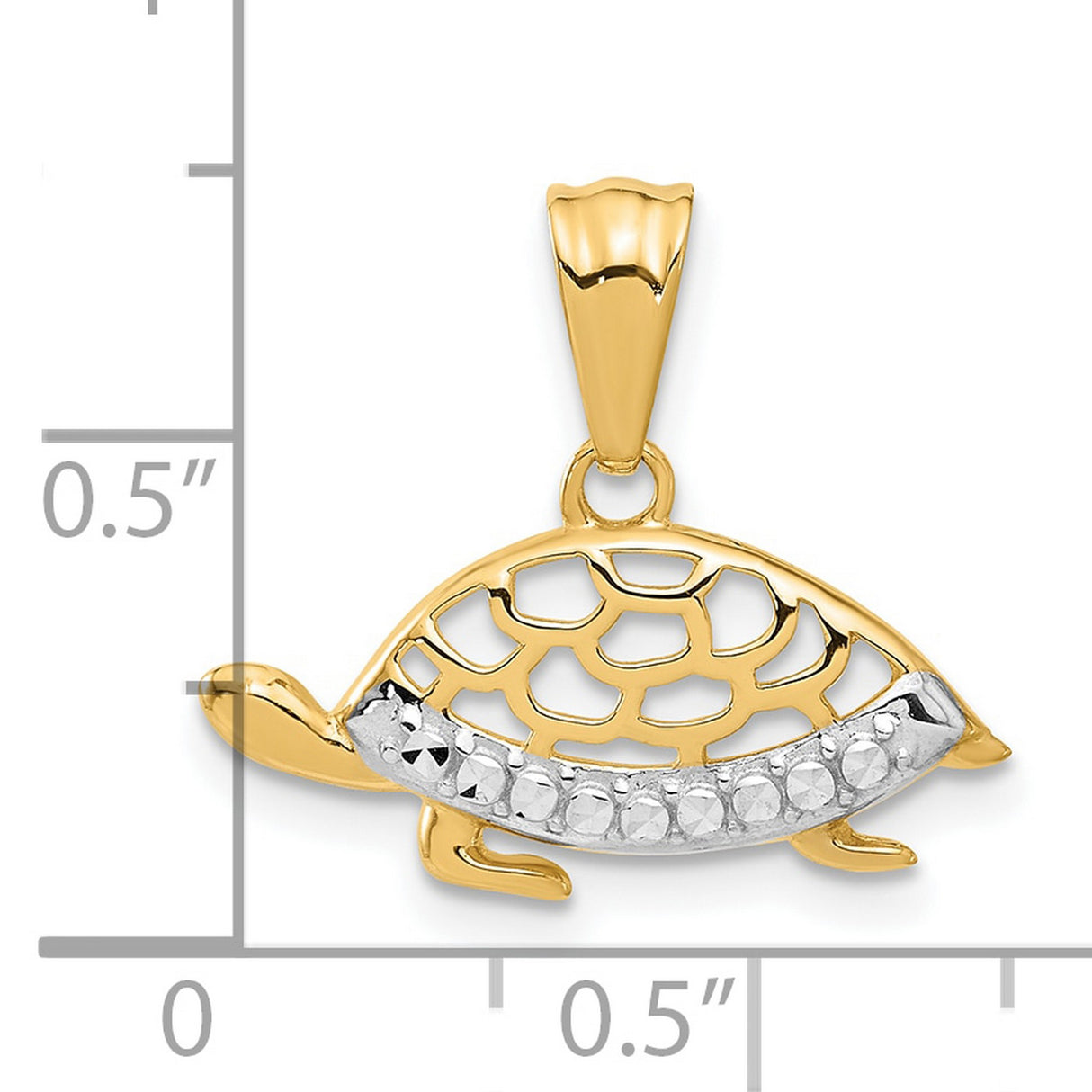 14k Yellow Gold and Rhodium Turtle Pendant with Cutout Shell and Diamond Cut Accents