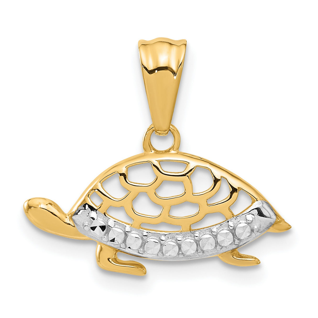 14k Yellow Gold and Rhodium Turtle Pendant with Cutout Shell and Diamond Cut Accents
