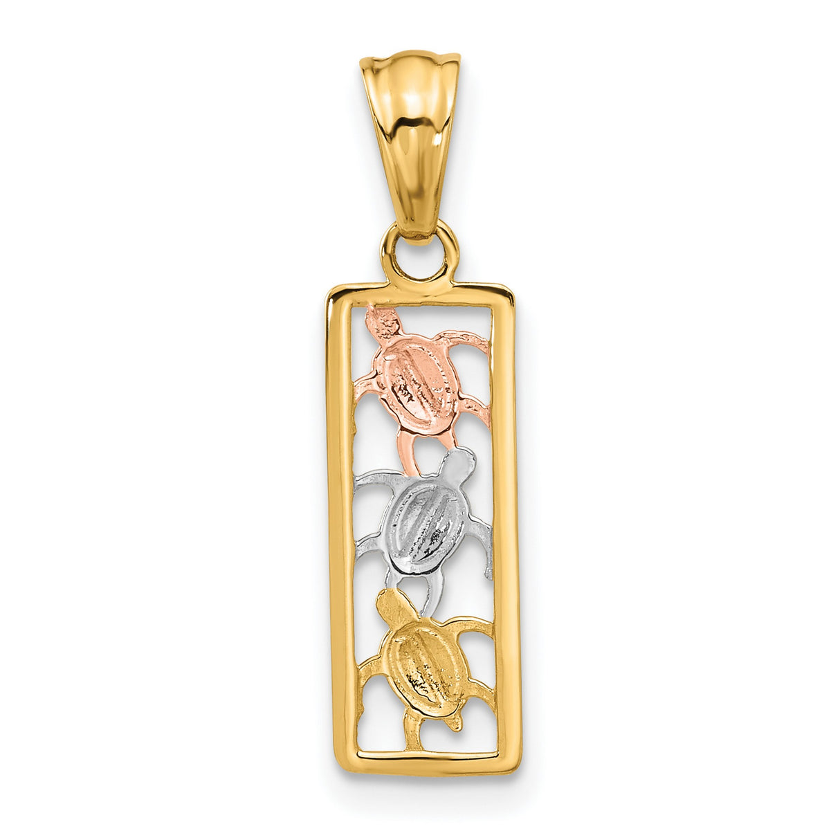 14k Two-Tone Gold Sea Turtle Pendant with Rose, White, and Yellow Gold Turtles in Vertical Frame