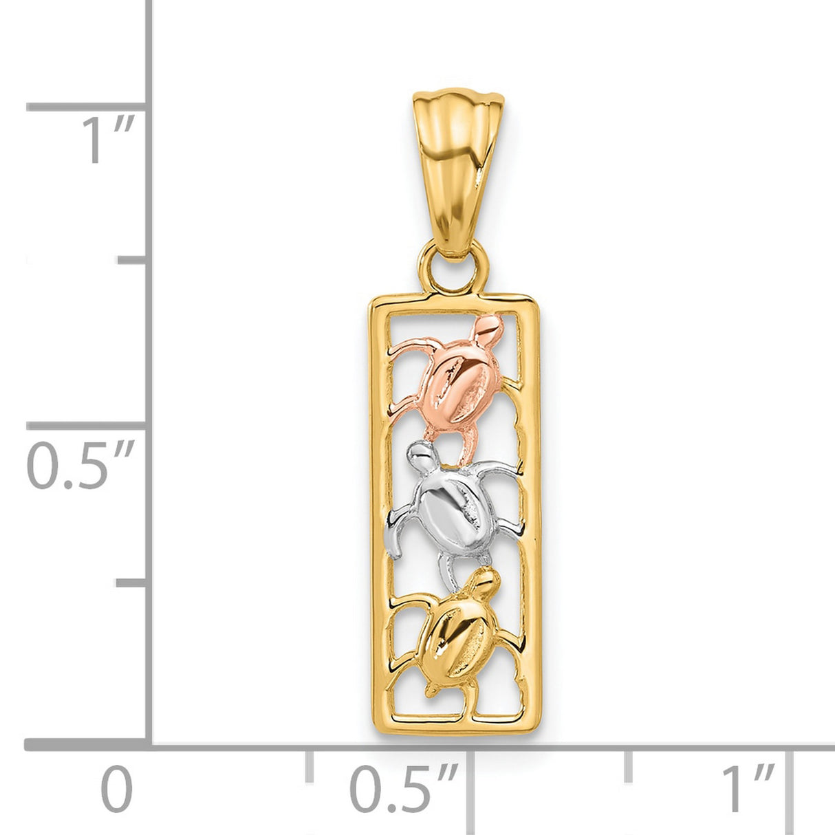 14k Two-Tone Gold Sea Turtle Pendant with Rose, White, and Yellow Gold Turtles in Vertical Frame
