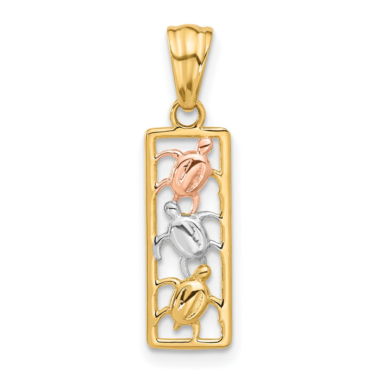 14k Two-Tone Gold Sea Turtle Pendant with Rose, White, and Yellow Gold Turtles in Vertical Frame