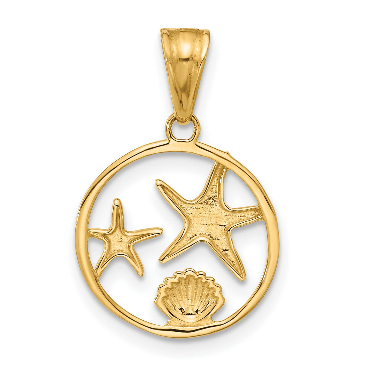 14k Multi-Tone Gold Pendant with Two Starfish and Seashell in Open Circle Design