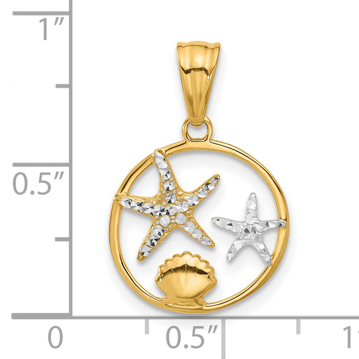 14k Multi-Tone Gold Pendant with Two Starfish and Seashell in Open Circle Design