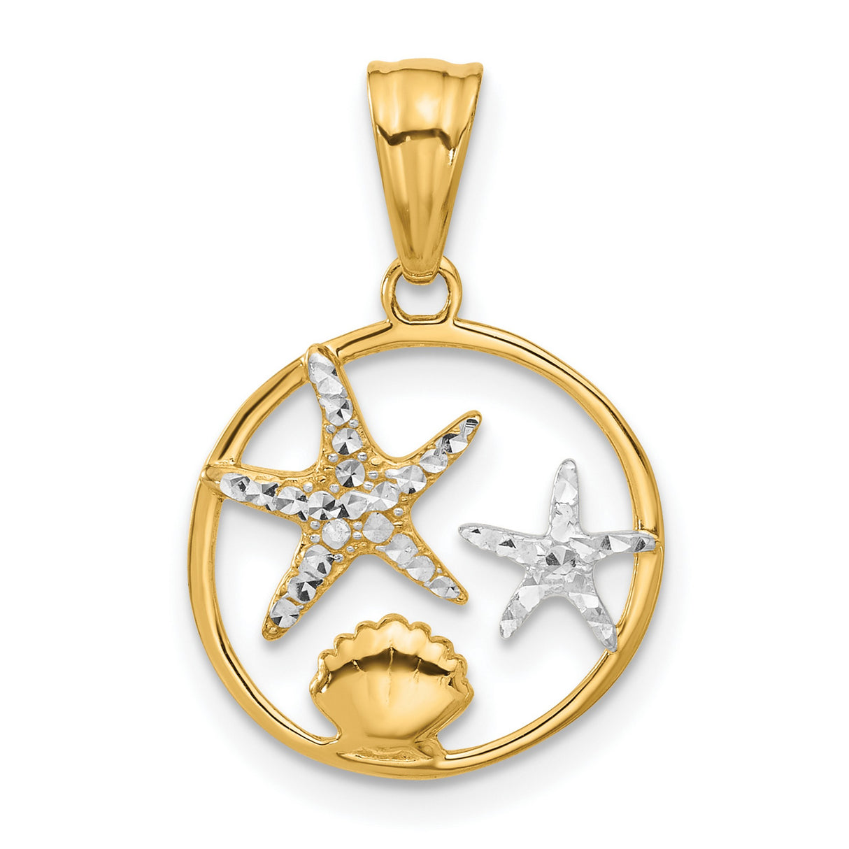 14k Multi-Tone Gold Pendant with Two Starfish and Seashell in Open Circle Design