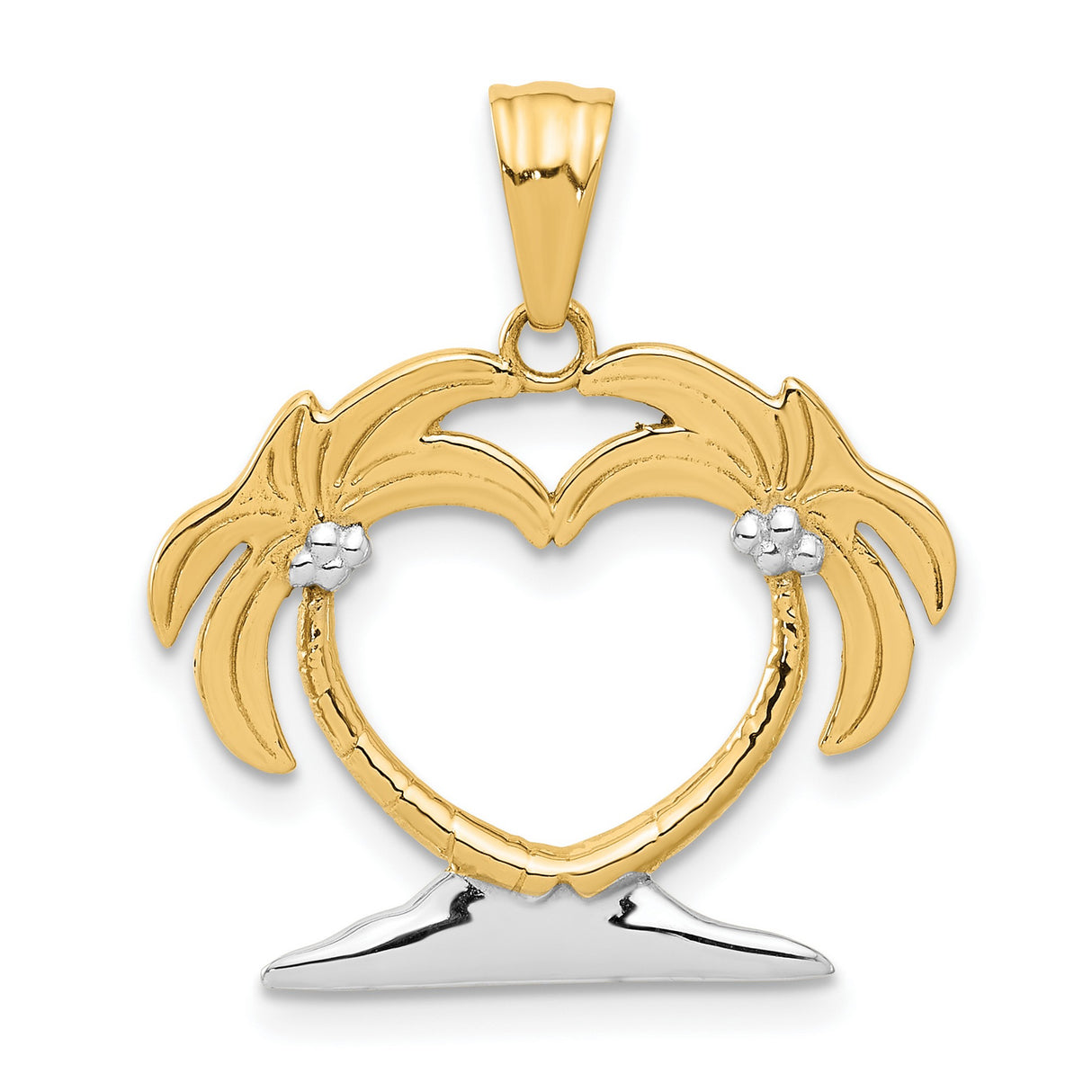 14k Multi-Tone Gold Palm Tree Heart Pendant, Tropical Beach Charm for Women
