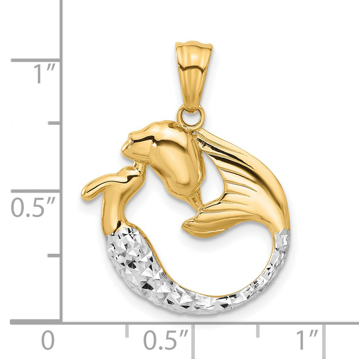 14k Multi-Tone Gold Mermaid Pendant with Rhodium Accents and Textured Tail Design
