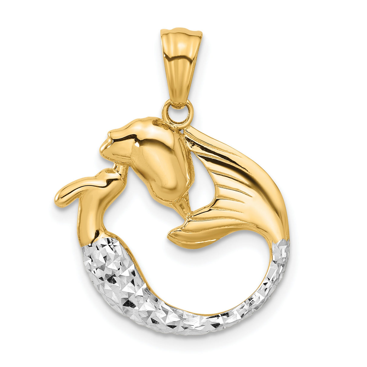 14k Multi-Tone Gold Mermaid Pendant with Rhodium Accents and Textured Tail Design