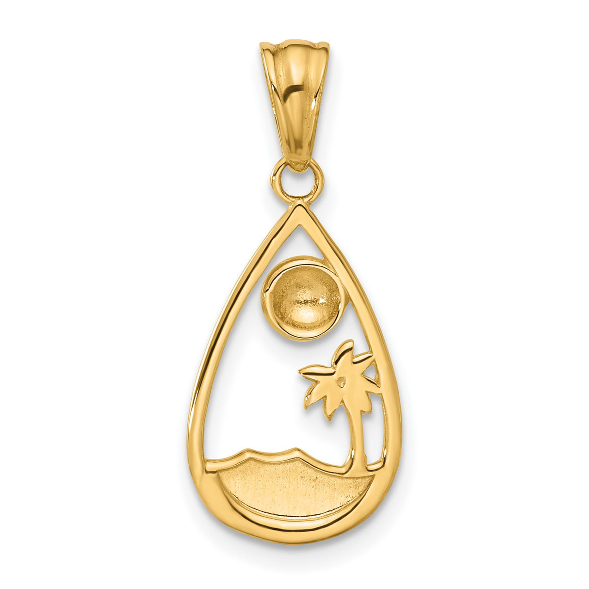 14k Multi-Tone Gold Teardrop Pendant with Palm Tree, Sun, and Textured Waves