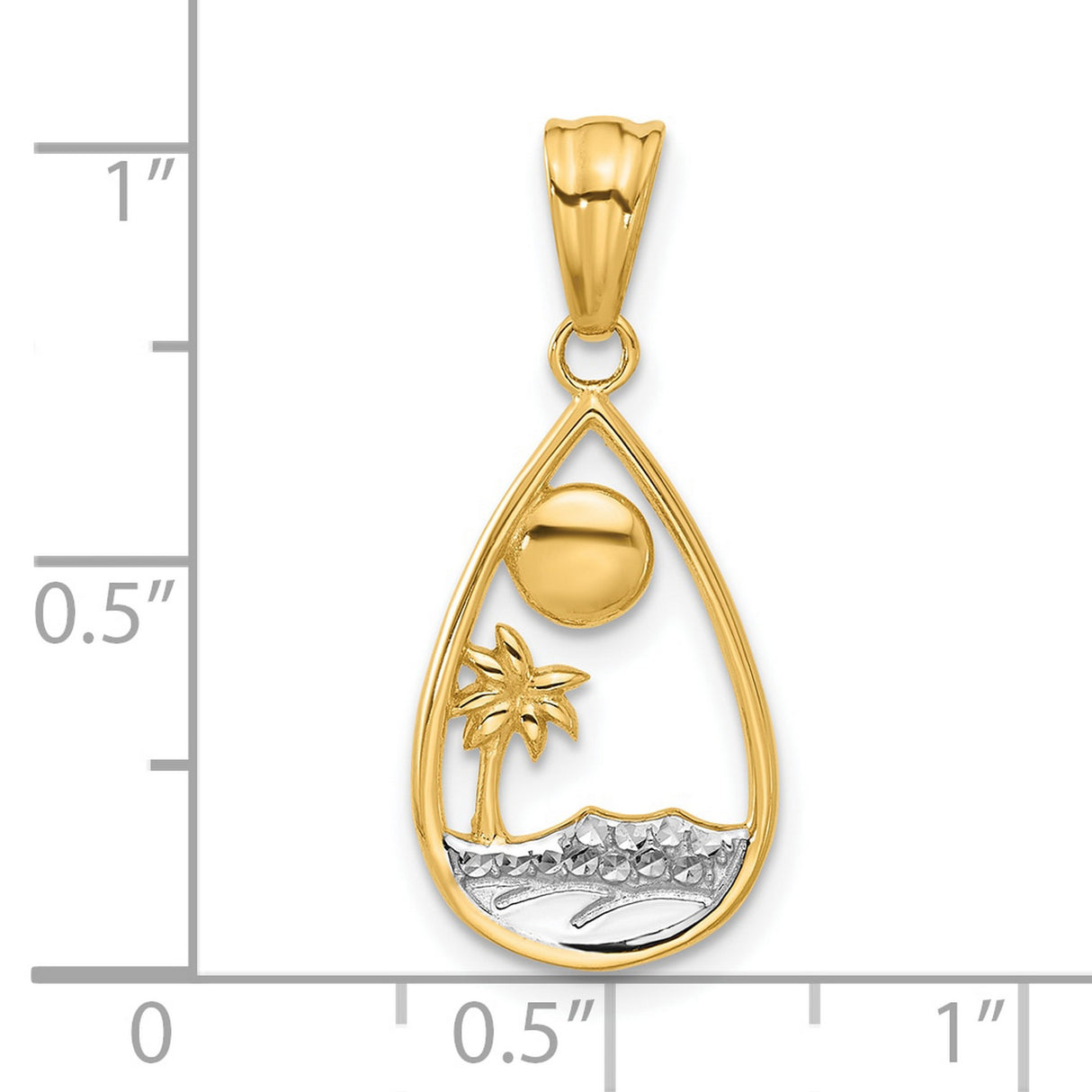 14k Multi-Tone Gold Teardrop Pendant with Palm Tree, Sun, and Textured Waves