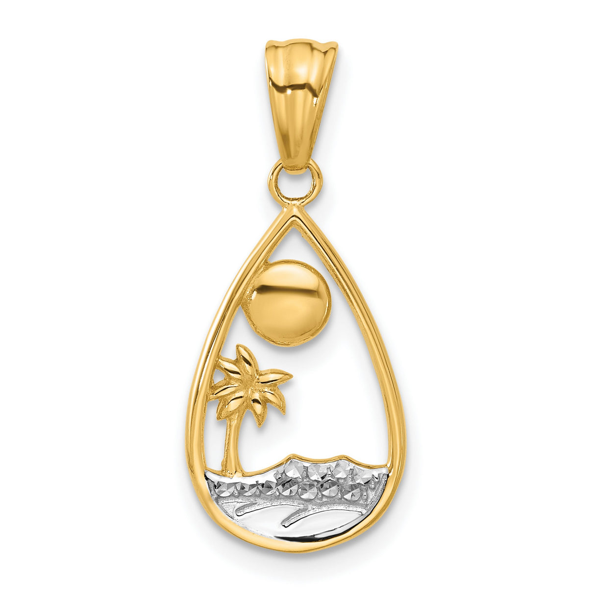 14k Multi-Tone Gold Teardrop Pendant with Palm Tree, Sun, and Textured Waves