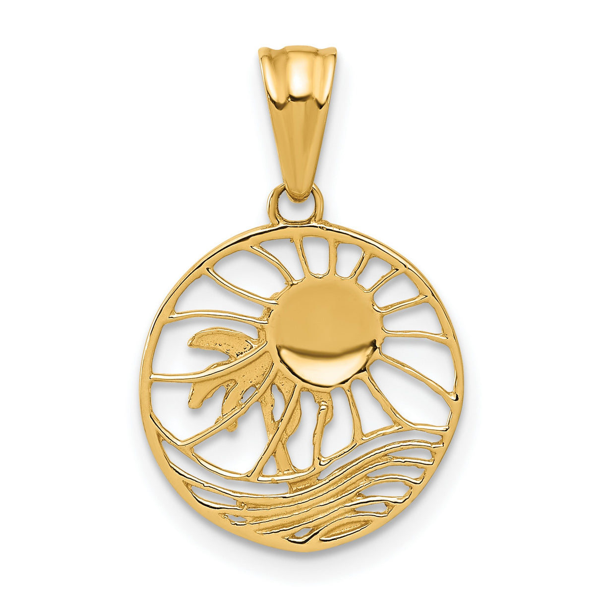 14k Yellow Gold Palm Tree Pendant with Sun and Ocean Wave Design, Tropical Island Charm