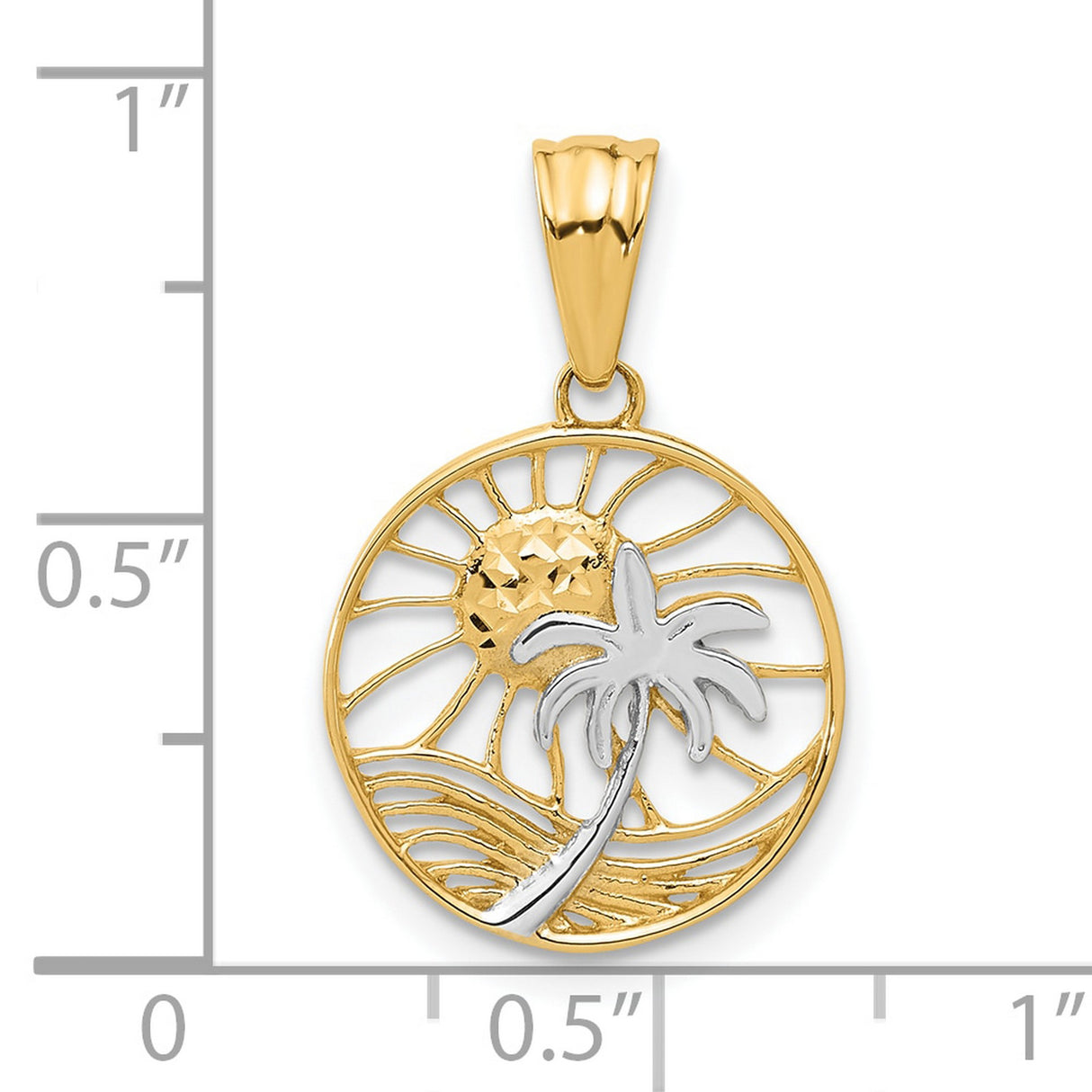 14k Yellow Gold Palm Tree Pendant with Sun and Ocean Wave Design, Tropical Island Charm