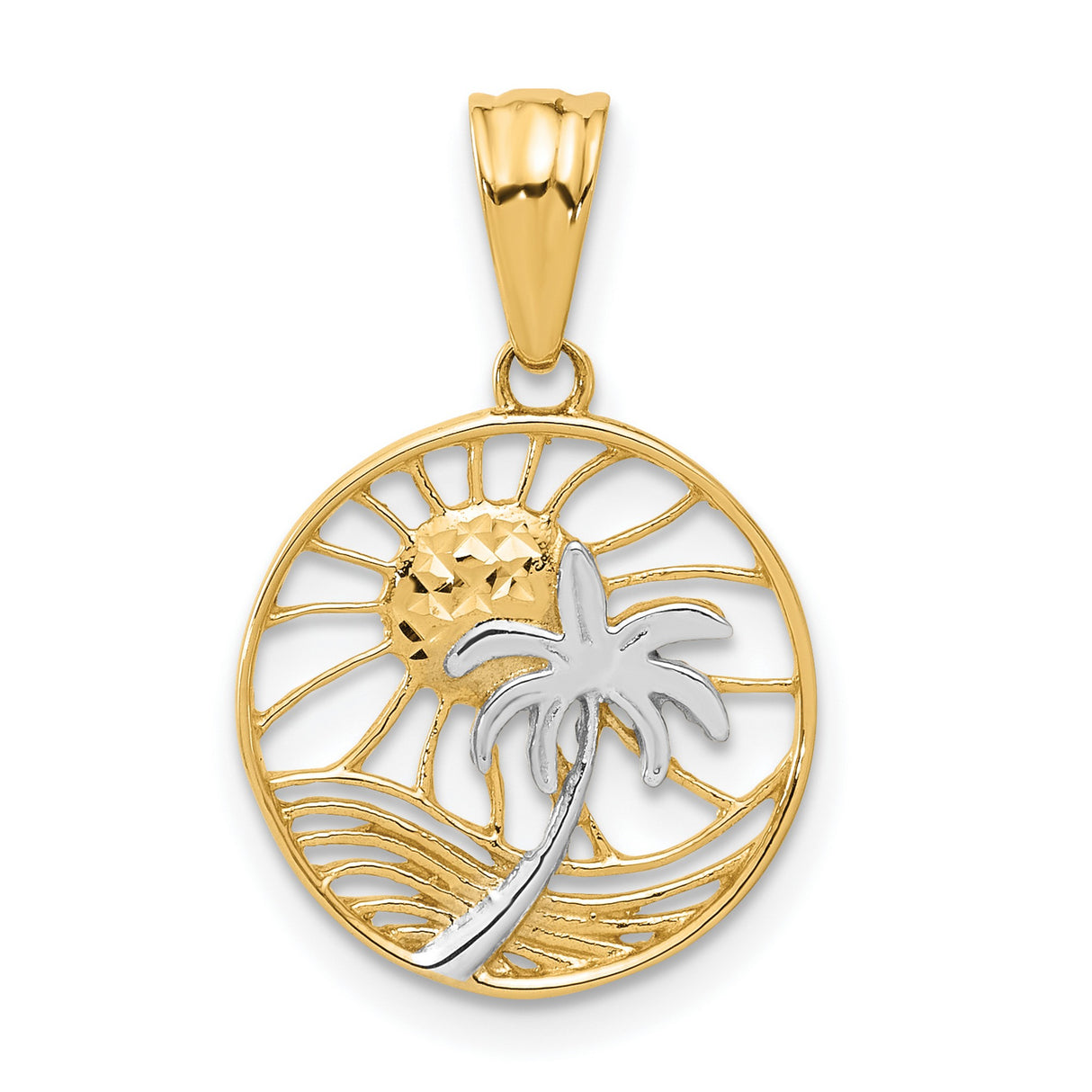 14k Yellow Gold Palm Tree Pendant with Sun and Ocean Wave Design, Tropical Island Charm