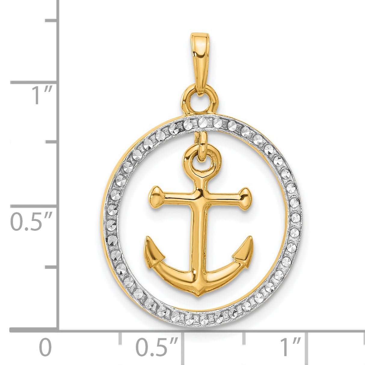 14k Multi-Tone Gold Anchor Pendant with Diamond Cut Rhodium Circle, Nautical Design