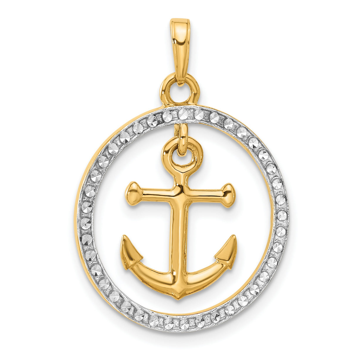 14k Multi-Tone Gold Anchor Pendant with Diamond Cut Rhodium Circle, Nautical Design