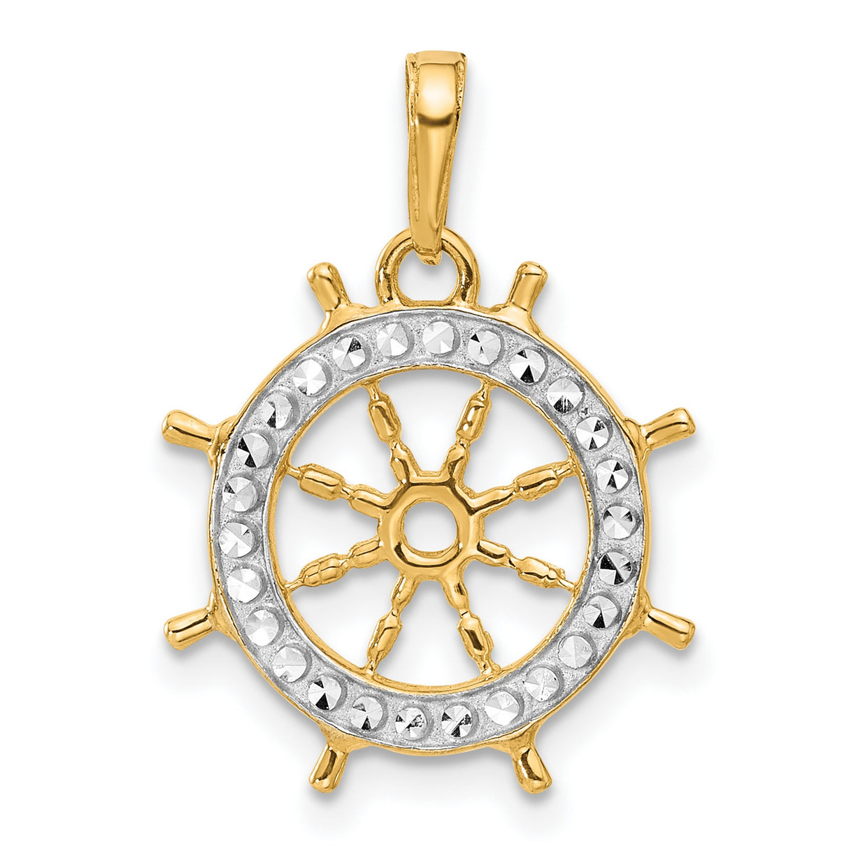 14k Multi-Tone Gold Ship Wheel Pendant, Textured Nautical Helm Design Charm