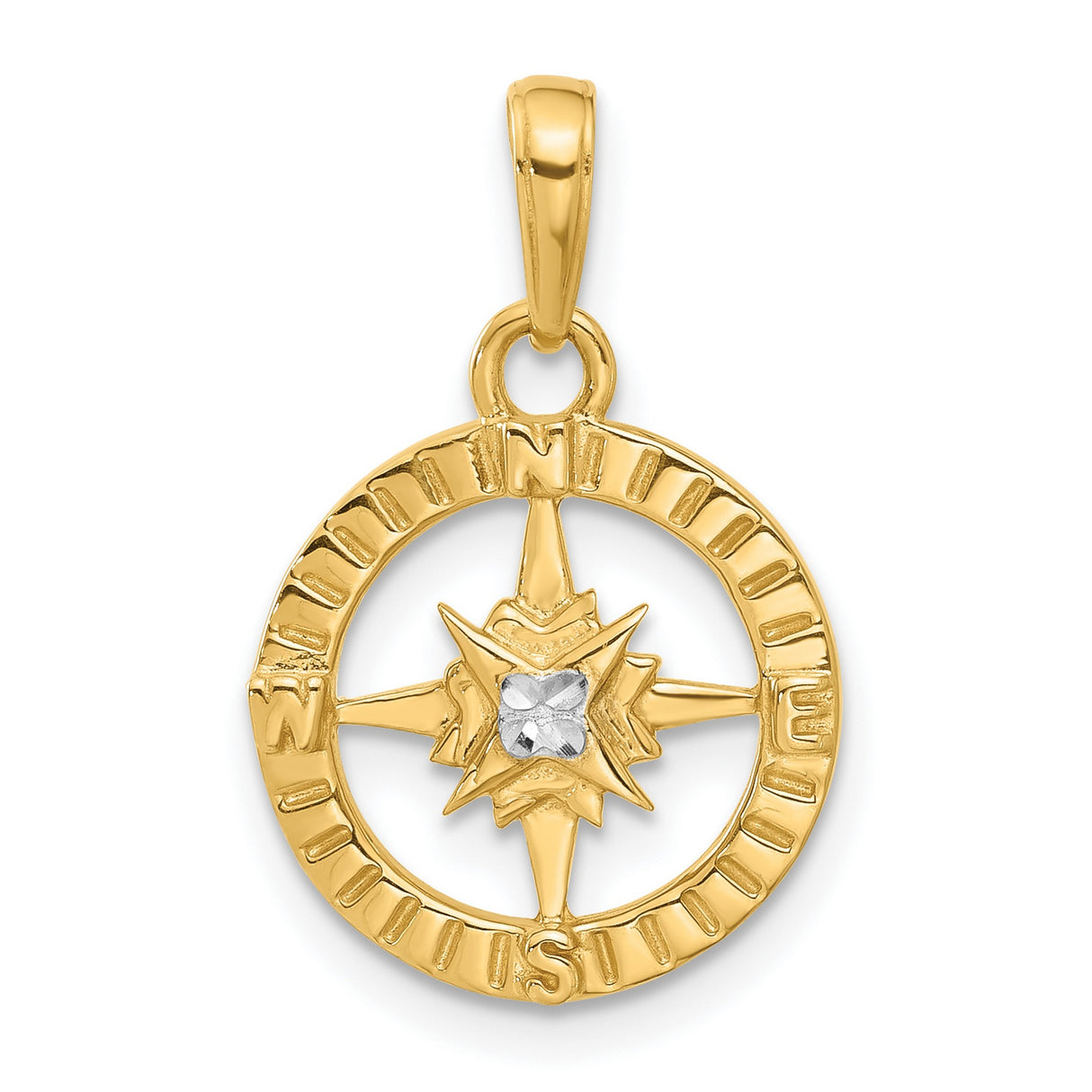 14k Multi-Tone Gold Compass Pendant with Starburst Design and Directional Symbol