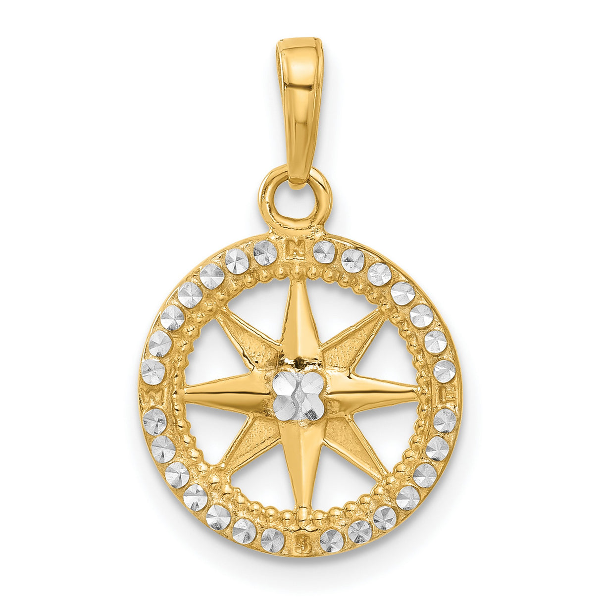 14k Multi-Tone Gold Compass Rose Pendant with Diamond Cut Accents, Nautical Theme for Women