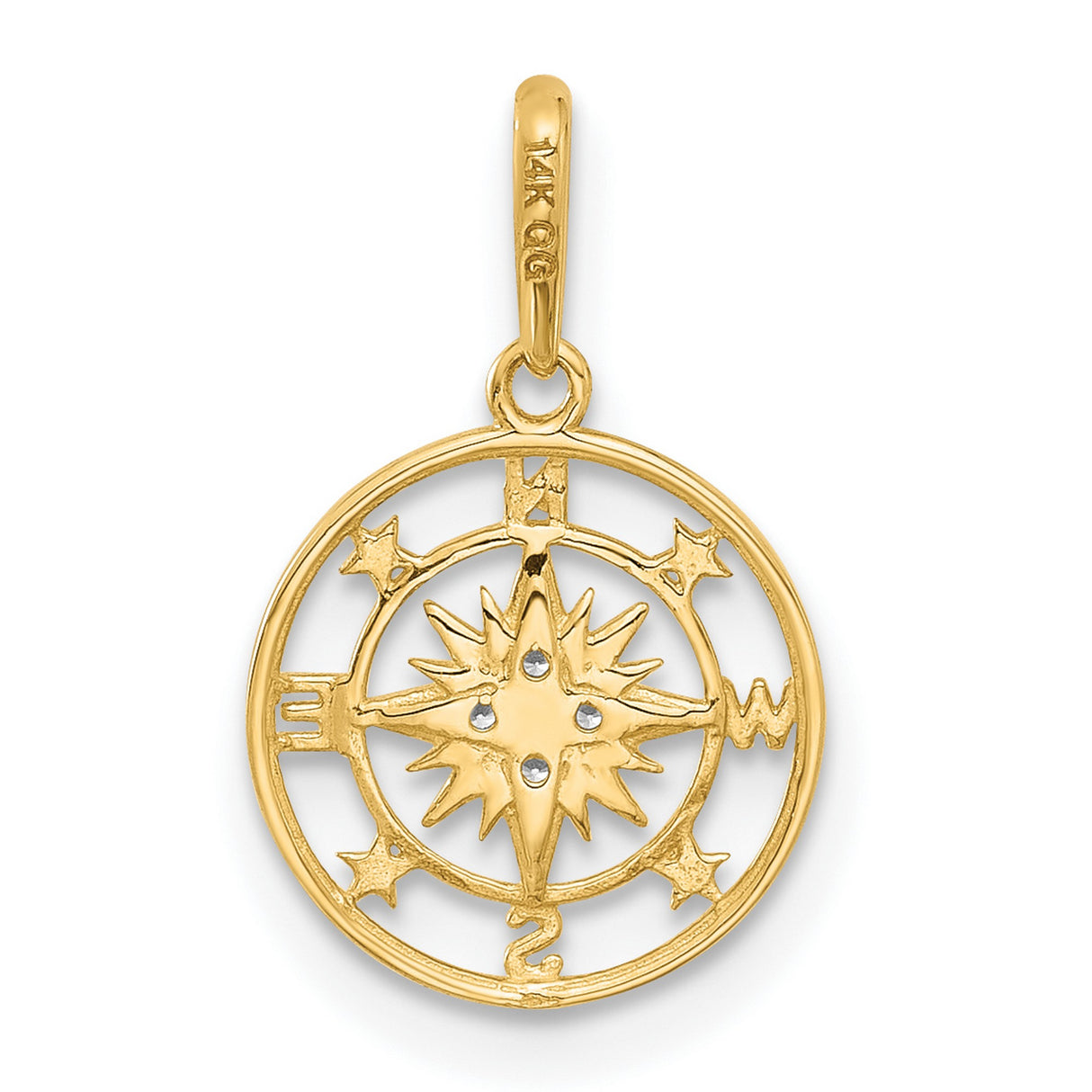 14k Yellow Gold Compass Rose Pendant with Cubic Zirconia, Nautical Design and Star Accents