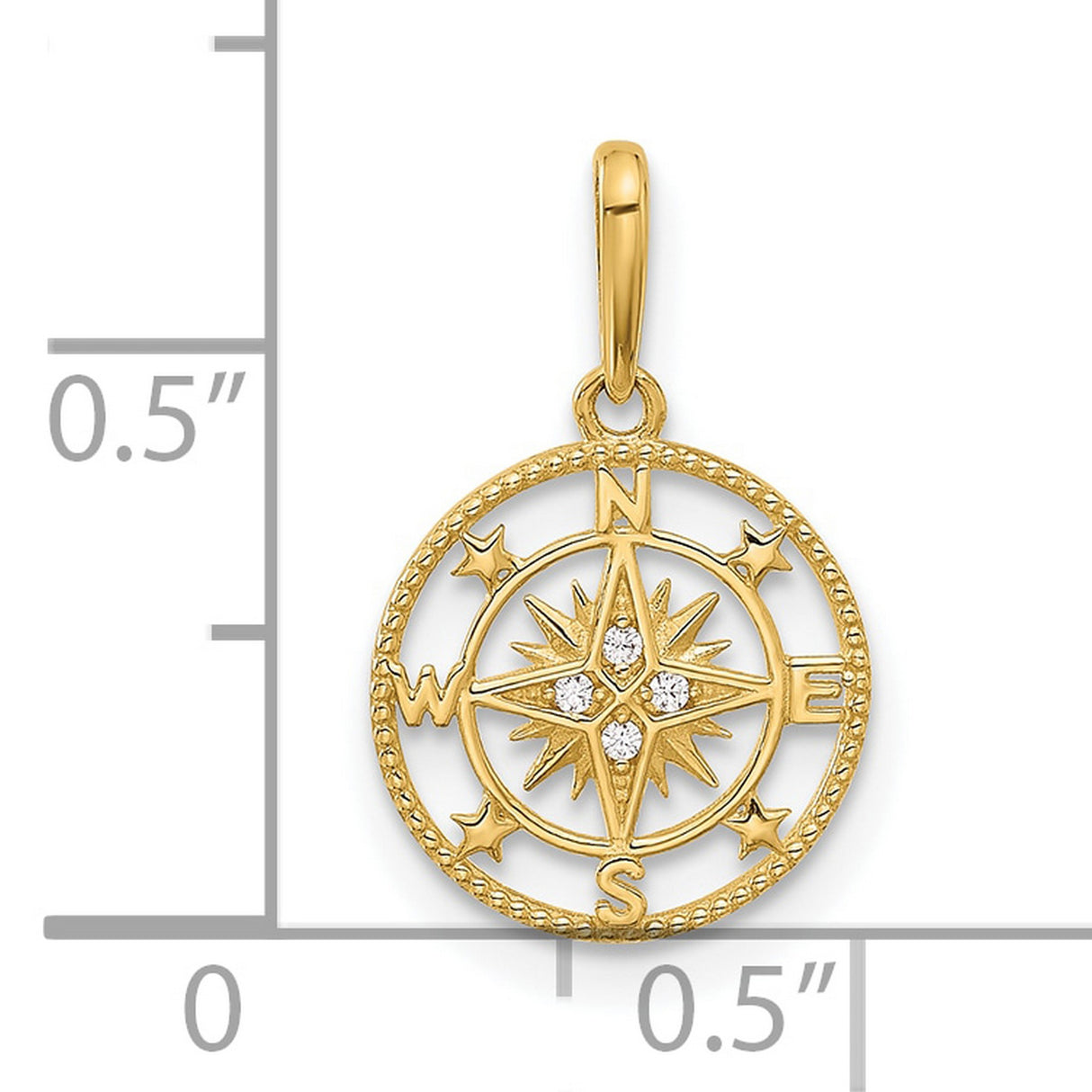 14k Yellow Gold Compass Rose Pendant with Cubic Zirconia, Nautical Design and Star Accents