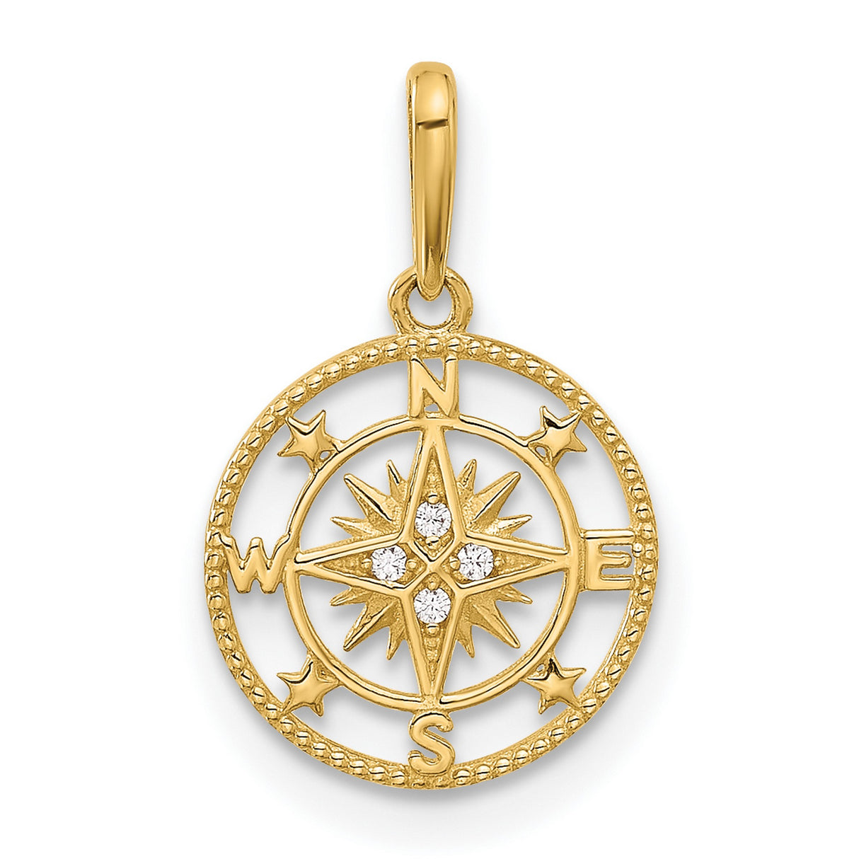 14k Yellow Gold Compass Rose Pendant with Cubic Zirconia, Nautical Design and Star Accents