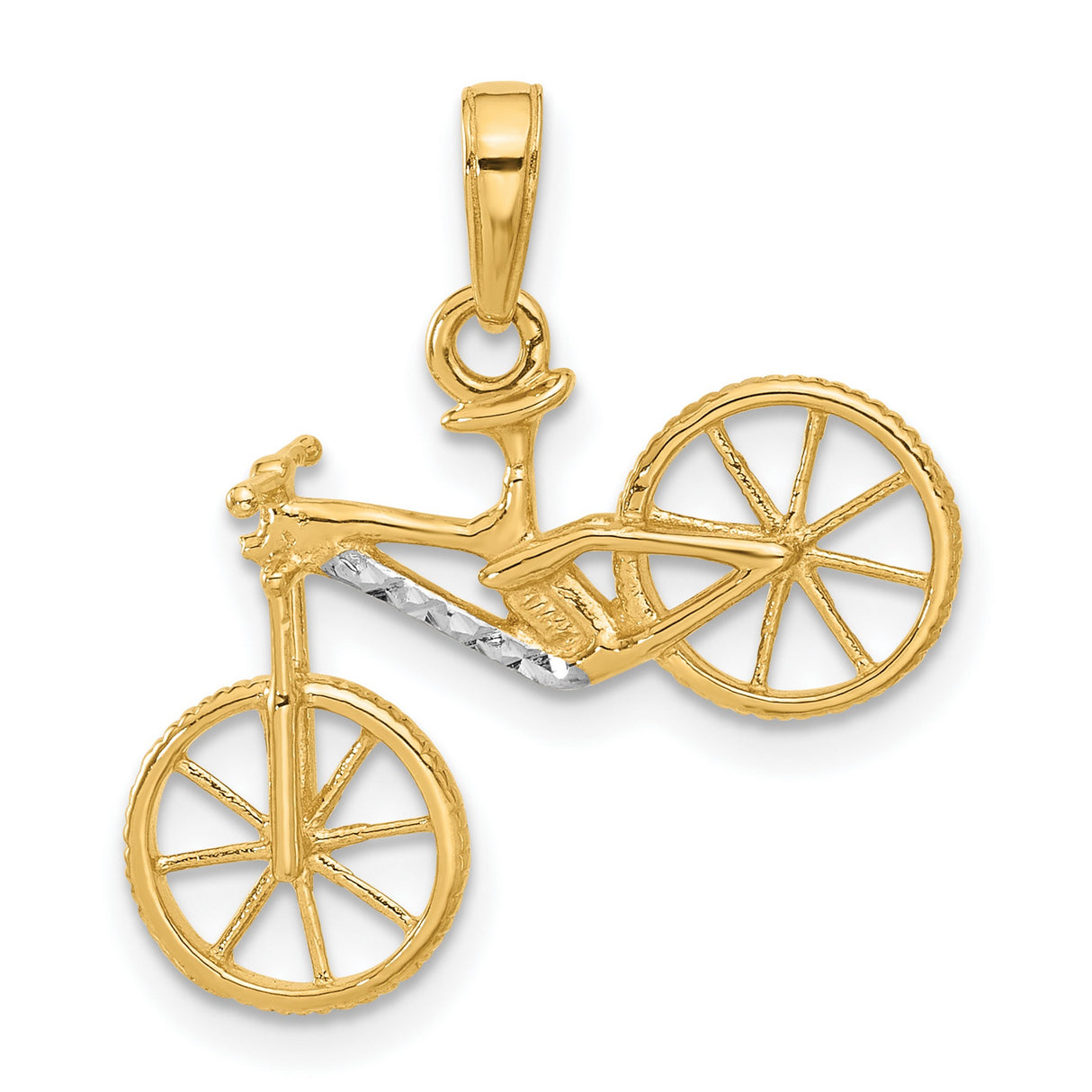 14k Multi-Tone Gold Bicycle Pendant with Rhodium Accents, 3D Cyclist Charm for Unisex Wear
